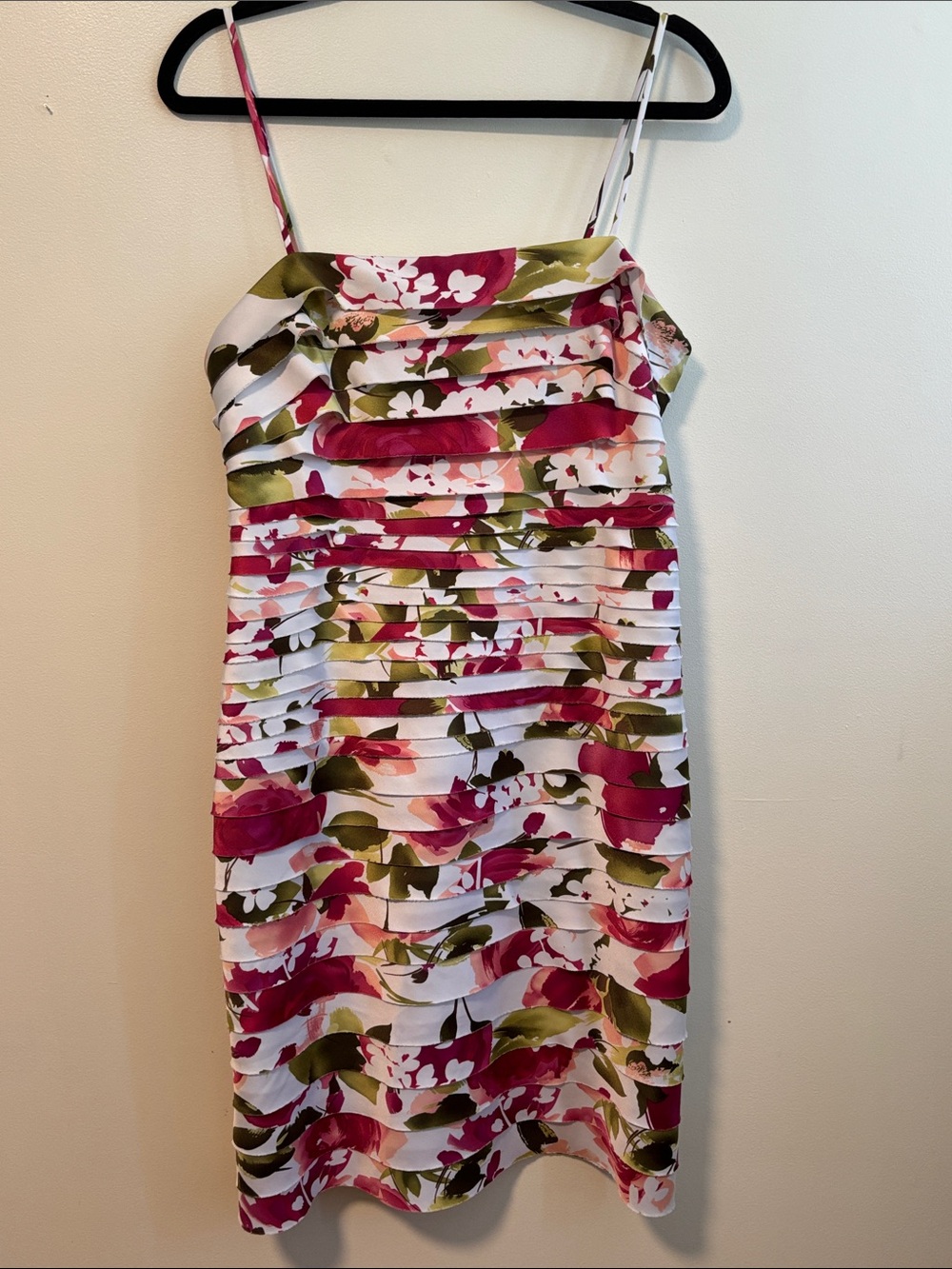 dressbarn Pink and Green Floral Pleated Spaghetti-Strap Mini Dress